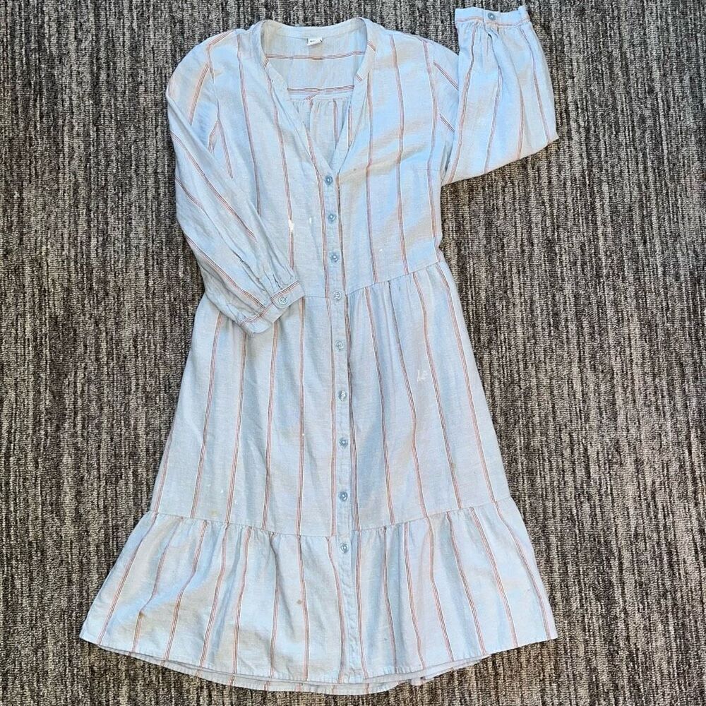 Old Navy Waist Defined Dress Sz XS‎ Blue Striped 3/4 Sleeve Button Front Grunge